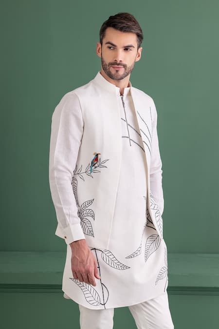 Shop_Amit Arora_Ivory Silk, Cotton Embroidery Bundi Kurta Set _Online_at_Aza_Fashions
