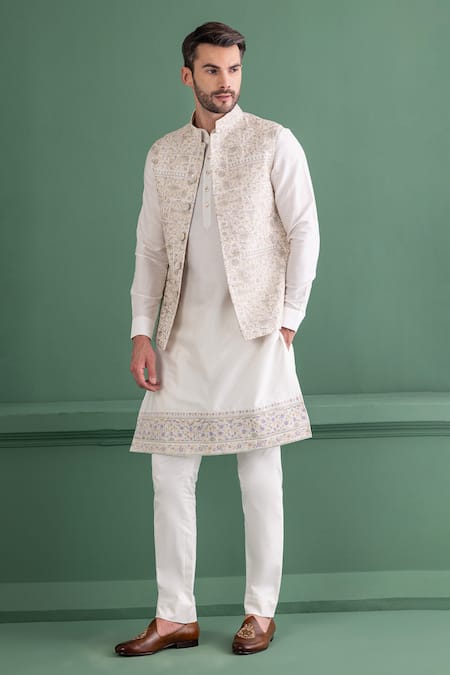 AMIT ARORA White Bundi Silk Embroidery Floral Mandala Kurta Set 