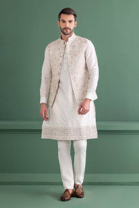 Amit Arora_White Silk, , Satin Embroidery Floral Mandala Bundi Set_Online_at_Aza_Fashions