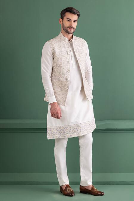 Shop_Amit Arora_White Silk, , Satin Embroidery Floral Mandala Bundi Set_Online_at_Aza_Fashions