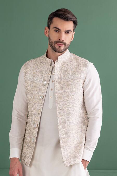 Amit Arora_White Silk, , Satin Embroidery Floral Mandala Bundi Set_at_Aza_Fashions