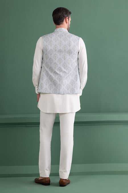 Shop Amit Arora Blue Silk, , Satin Embroidery Floral Butti Bundi Kurta Set at Aza Fashions Shop_Amit Arora_Blue Silk, , Satin Embroidery Floral Butti Bundi Kurta Set _at_Aza_Fashions