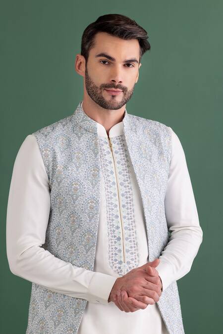 Amit Arora Blue Silk, , Satin Embroidery Floral Butti Bundi Kurta Set at Aza Fashions Amit Arora_Blue Silk, , Satin Embroidery Floral Butti Bundi Kurta Set _at_Aza_Fashions
