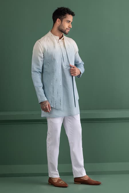 Amit Arora Blue Chanderi , Cotton Satin, Cotton, Mirrors Ombre Bundi And Kurta Set at Aza Fashions Amit Arora_Blue Chanderi , Cotton Satin, Cotton, Mirrors Ombre Bundi And Kurta Set _at_Aza_Fashions