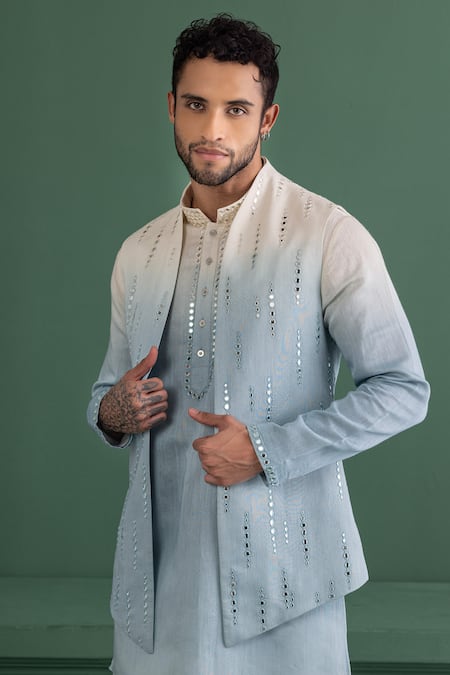 Buy Amit Arora Blue Chanderi , Cotton Satin, Cotton, Mirrors Ombre Bundi And Kurta Set Buy_Amit Arora_Blue Chanderi , Cotton Satin, Cotton, Mirrors Ombre Bundi And Kurta Set