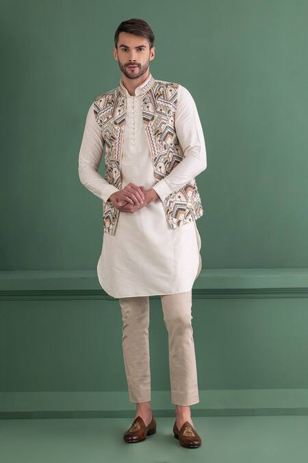 Buy Amit Arora Ivory Silk, Cotton Sequins, Beads Abstract Embroidered Bundi Kurta Set Online at Aza Fashions Buy_Amit Arora_Ivory Silk, Cotton Sequins, Beads Abstract Embroidered Bundi Kurta Set _Online_at_Aza_Fashions