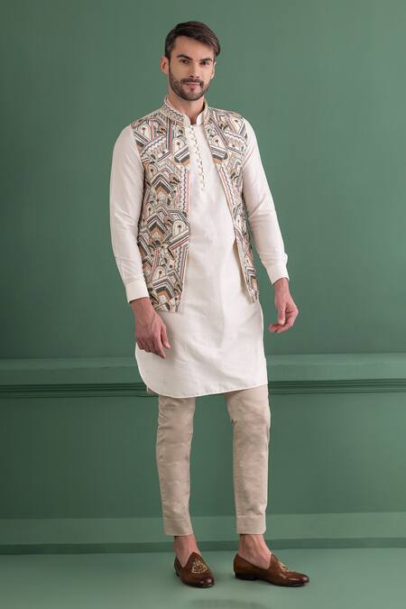 Shop Amit Arora Ivory Silk, Cotton Sequins, Beads Abstract Embroidered Bundi Kurta Set Online at Aza Fashions Shop_Amit Arora_Ivory Silk, Cotton Sequins, Beads Abstract Embroidered Bundi Kurta Set _Online_at_Aza_Fashions