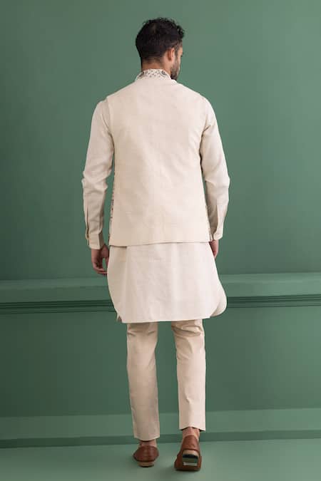 Shop Amit Arora Cream Tussar, Cotton, Silk Beads, Sequins Abstract Embroidered Bundi Kurta Set at Aza Fashions Shop_Amit Arora_Cream Tussar, Cotton, Silk Beads, Sequins Abstract Embroidered Bundi Kurta Set _at_Aza_Fashions