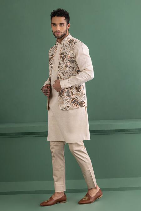 Buy Amit Arora Cream Tussar, Cotton, Silk Beads, Sequins Abstract Embroidered Bundi Kurta Set Online at Aza Fashions Buy_Amit Arora_Cream Tussar, Cotton, Silk Beads, Sequins Abstract Embroidered Bundi Kurta Set _Online_at_Aza_Fashions