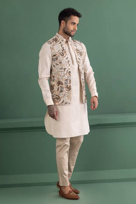 Shop Amit Arora Cream Tussar, Cotton, Silk Beads, Sequins Abstract Embroidered Bundi Kurta Set Online at Aza Fashions Shop_Amit Arora_Cream Tussar, Cotton, Silk Beads, Sequins Abstract Embroidered Bundi Kurta Set _Online_at_Aza_Fashions