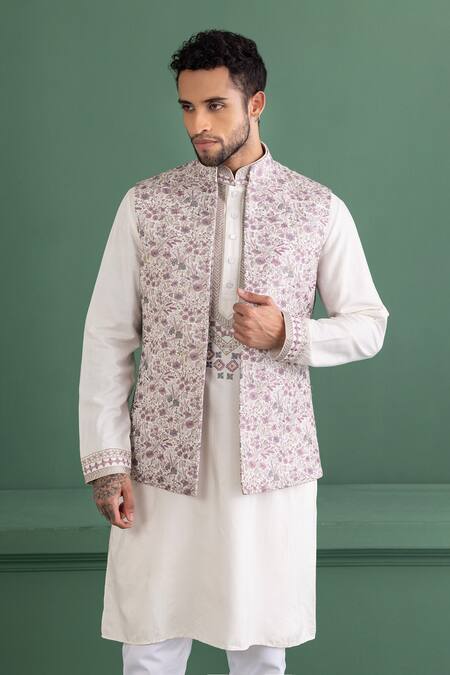 Amit Arora_Purple Silk, Mohair, Cotton Embroidery Floral Bundi Kurta Set_Online_at_Aza_Fashions