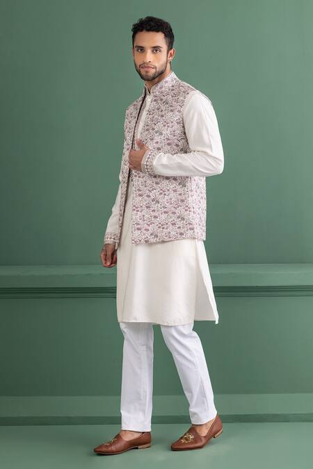 Shop_Amit Arora_Purple Silk, Mohair, Cotton Embroidery Floral Bundi Kurta Set_Online_at_Aza_Fashions
