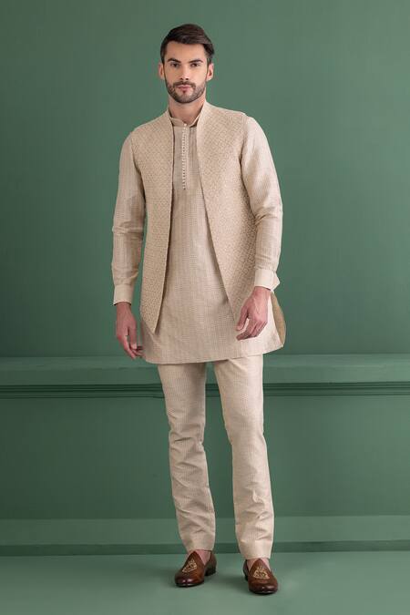 Buy Amit Arora Pink Silk, Jacquard Embroidery Floral Bundi Kurta Set Online at Aza Fashions Buy_Amit Arora_Pink Silk, Jacquard Embroidery Floral Bundi Kurta Set _Online_at_Aza_Fashions