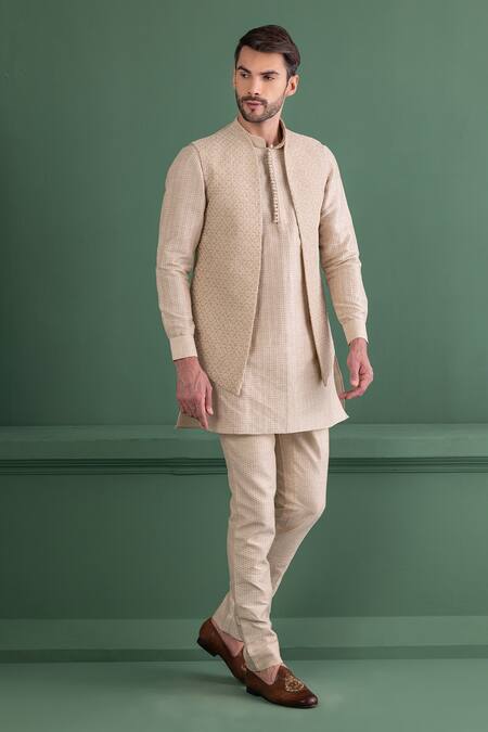 Shop Amit Arora Pink Silk, Jacquard Embroidery Floral Bundi Kurta Set Online at Aza Fashions Shop_Amit Arora_Pink Silk, Jacquard Embroidery Floral Bundi Kurta Set _Online_at_Aza_Fashions