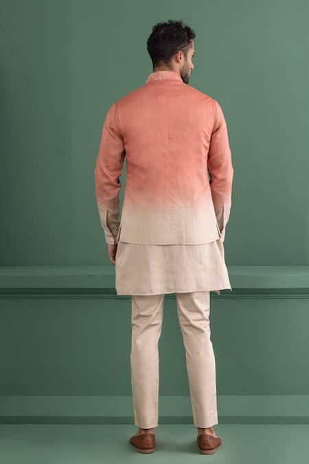 Shop_Amit Arora_Pink Chanderi , Cotton, Beads, Embroidery Ombre Hand Bundi Kurta Set _at_Aza_Fashions