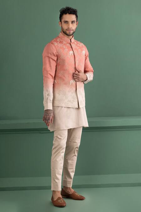 Shop_Amit Arora_Pink Chanderi , Cotton, Beads, Embroidery Ombre Hand Bundi Kurta Set _Online_at_Aza_Fashions