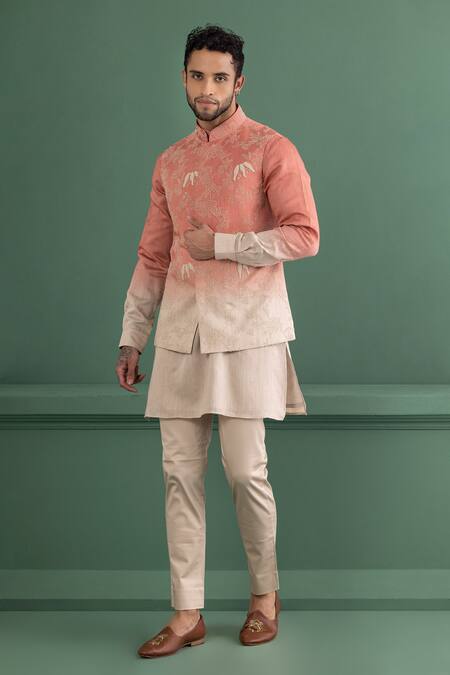 Amit Arora_Pink Chanderi , Cotton, Beads, Embroidery Ombre Hand Bundi Kurta Set _at_Aza_Fashions