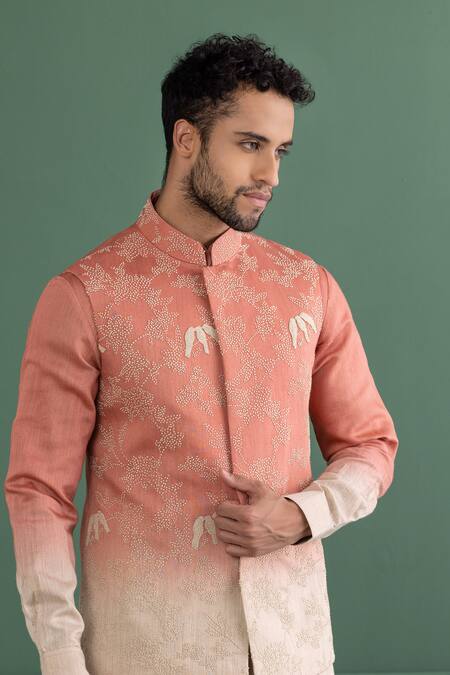 Buy_Amit Arora_Pink Chanderi , Cotton, Beads, Embroidery Ombre Hand Bundi Kurta Set 