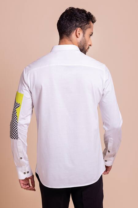 Shop Amit Arora White Cotton Patchwork Panel Shirt at Aza Fashions Shop_Amit Arora_White Cotton Patchwork Panel Shirt_at_Aza_Fashions