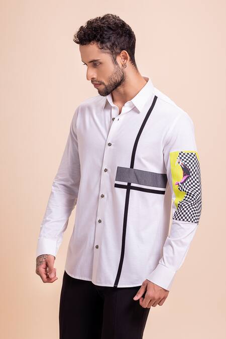 Amit Arora White Cotton Patchwork Panel Shirt Online at Aza Fashions Amit Arora_White Cotton Patchwork Panel Shirt_Online_at_Aza_Fashions