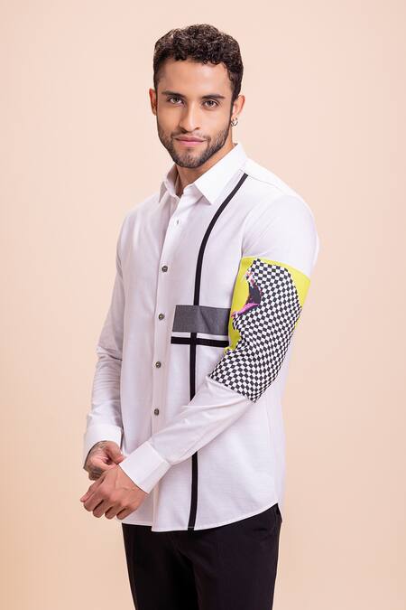 Buy Amit Arora White Cotton Patchwork Panel Shirt Online at Aza Fashions Buy_Amit Arora_White Cotton Patchwork Panel Shirt_Online_at_Aza_Fashions