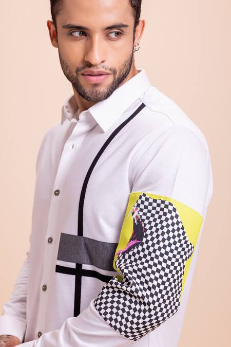 Shop Amit Arora White Cotton Patchwork Panel Shirt Online at Aza Fashions Shop_Amit Arora_White Cotton Patchwork Panel Shirt_Online_at_Aza_Fashions
