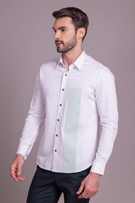 Amit Arora_White Cotton Patchwork Placed Panel Shirt _Online_at_Aza_Fashions