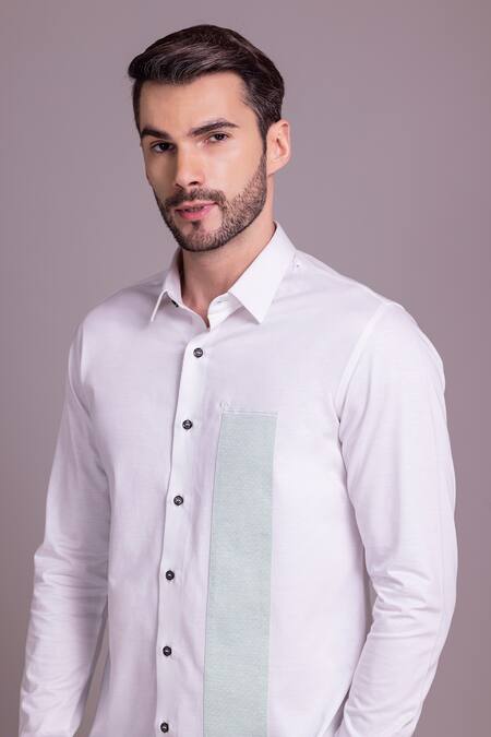 Shop_Amit Arora_White Cotton Patchwork Placed Panel Shirt _Online_at_Aza_Fashions