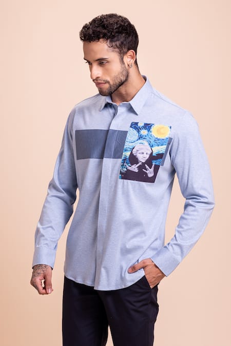 Buy_Amit Arora_Sky Blue Cotton Patchwork Placed Shirt_Online_at_Aza_Fashions