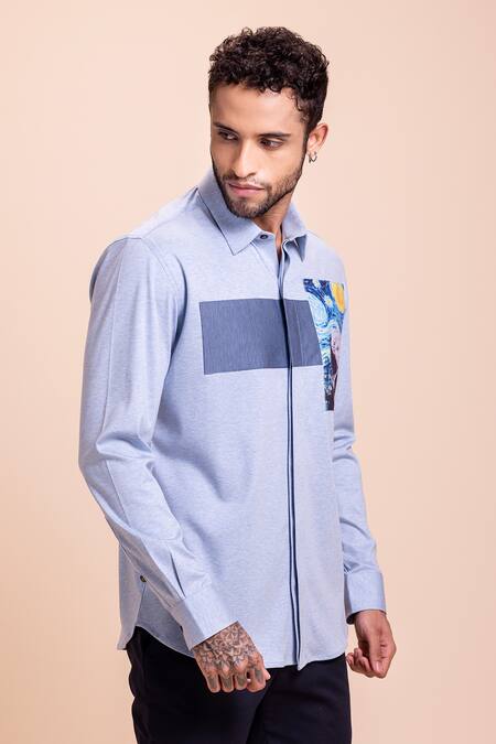Shop_Amit Arora_Sky Blue Cotton Patchwork Placed Shirt_Online_at_Aza_Fashions