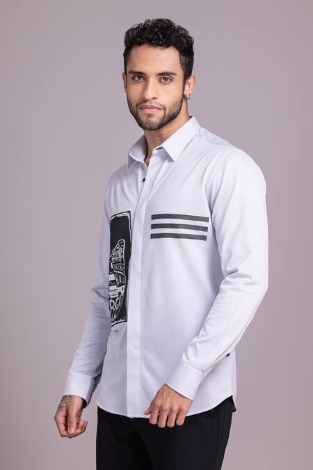 Amit Arora_Grey Cotton Patchwork Guitar Panel Shirt_Online_at_Aza_Fashions