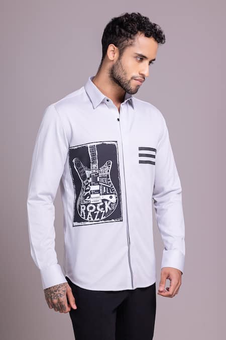 Buy_Amit Arora_Grey Cotton Patchwork Guitar Panel Shirt_Online_at_Aza_Fashions