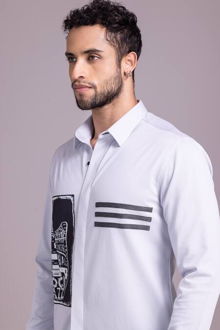 Shop_Amit Arora_Grey Cotton Patchwork Guitar Panel Shirt_Online_at_Aza_Fashions
