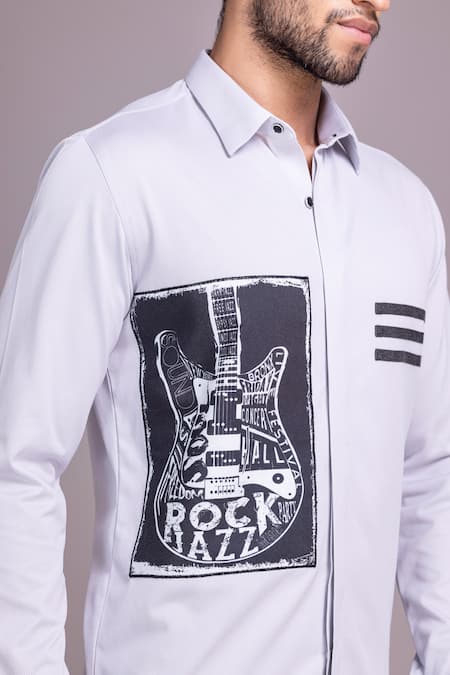 Amit Arora_Grey Cotton Patchwork Guitar Panel Shirt_at_Aza_Fashions