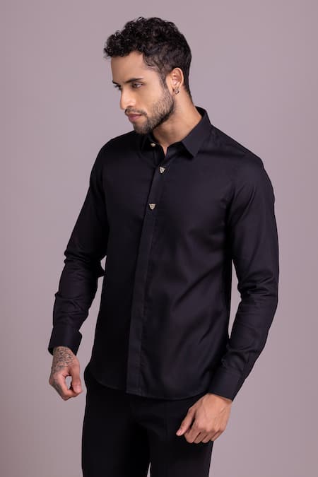 Amit Arora Black Cotton, Lycra Plain Full Sleeve Shirt Online at Aza Fashions Amit Arora_Black Cotton, Lycra Plain Full Sleeve Shirt _Online_at_Aza_Fashions