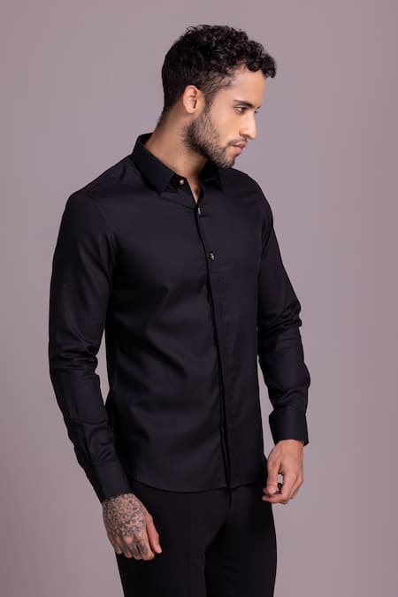 Shop Amit Arora Black Cotton, Lycra Plain Full Sleeve Shirt Online at Aza Fashions Shop_Amit Arora_Black Cotton, Lycra Plain Full Sleeve Shirt _Online_at_Aza_Fashions