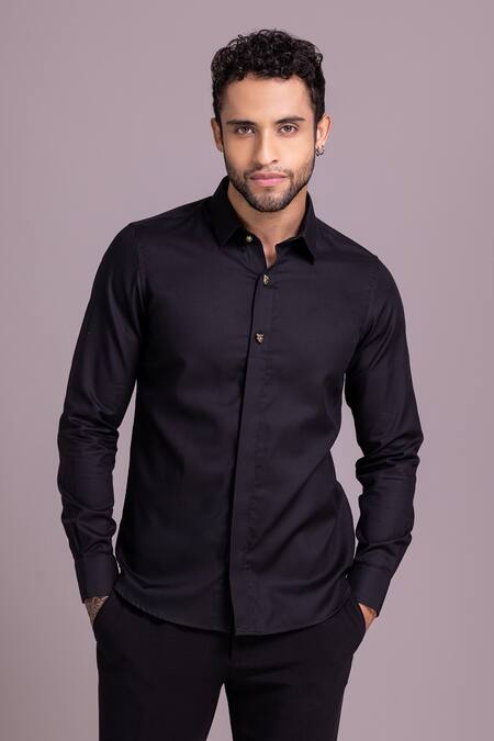 Amit Arora Black Cotton, Lycra Plain Full Sleeve Shirt at Aza Fashions Amit Arora_Black Cotton, Lycra Plain Full Sleeve Shirt _at_Aza_Fashions