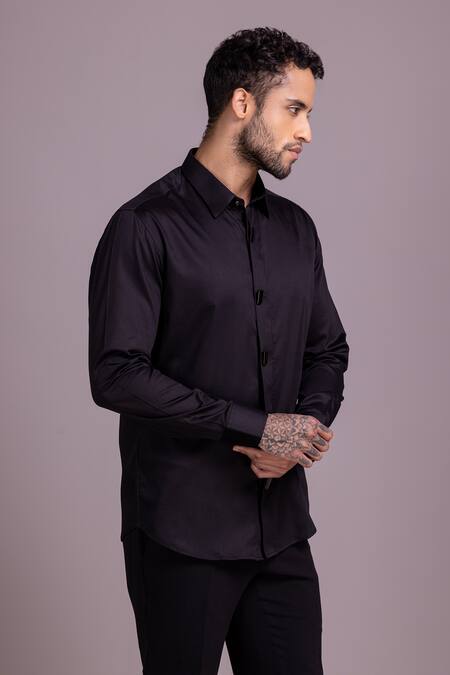 Amit Arora_Black Cotton, Lycra Metallic Thread Plain Button Shirt _Online_at_Aza_Fashions