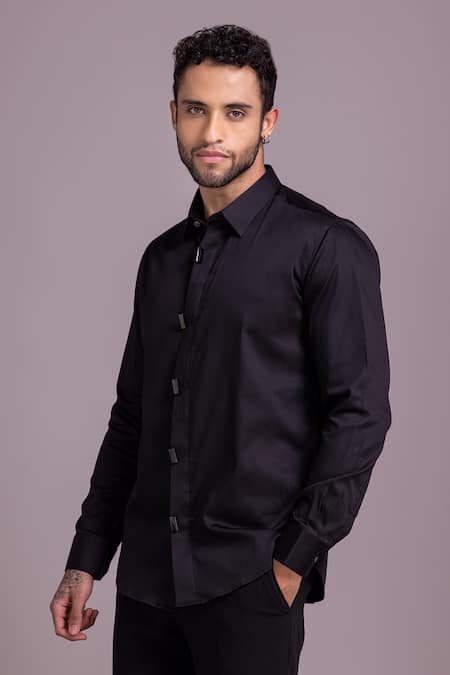 Buy_Amit Arora_Black Cotton, Lycra Metallic Thread Plain Button Shirt _Online_at_Aza_Fashions