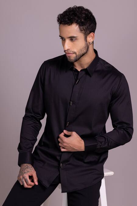 Shop_Amit Arora_Black Cotton, Lycra Metallic Thread Plain Button Shirt _Online_at_Aza_Fashions