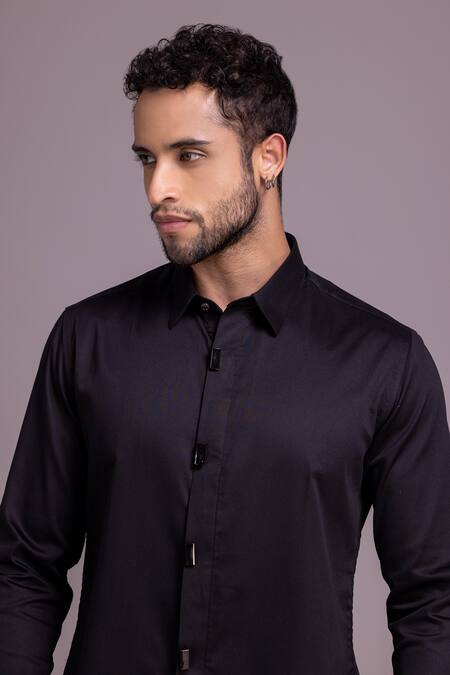 Amit Arora_Black Cotton, Lycra Metallic Thread Plain Button Shirt _at_Aza_Fashions