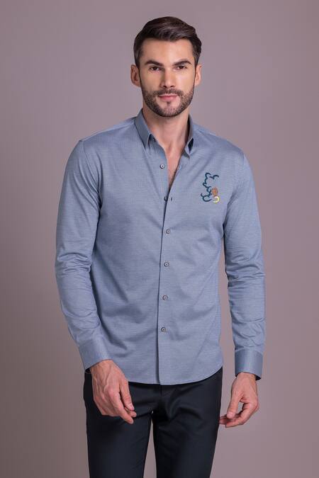 Amit Arora Blue Cotton Embroidery Mickey Mouse Threadwork Shirt Online at Aza Fashions Amit Arora_Blue Cotton Embroidery Mickey Mouse Threadwork Shirt_Online_at_Aza_Fashions