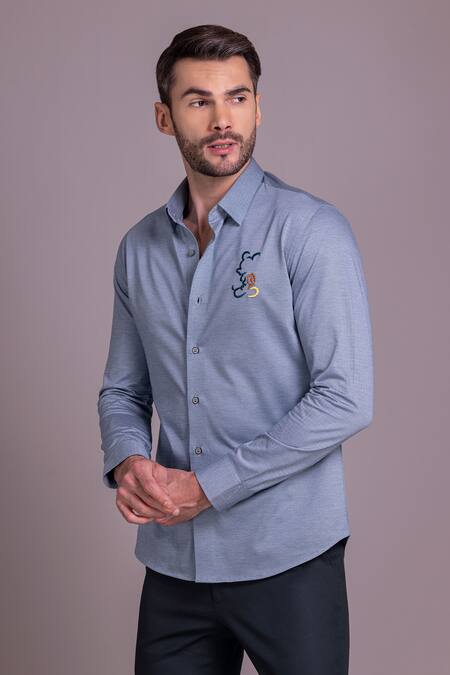 Buy Amit Arora Blue Cotton Embroidery Mickey Mouse Threadwork Shirt Online at Aza Fashions Buy_Amit Arora_Blue Cotton Embroidery Mickey Mouse Threadwork Shirt_Online_at_Aza_Fashions