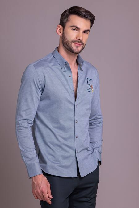 Shop Amit Arora Blue Cotton Embroidery Mickey Mouse Threadwork Shirt Online at Aza Fashions Shop_Amit Arora_Blue Cotton Embroidery Mickey Mouse Threadwork Shirt_Online_at_Aza_Fashions