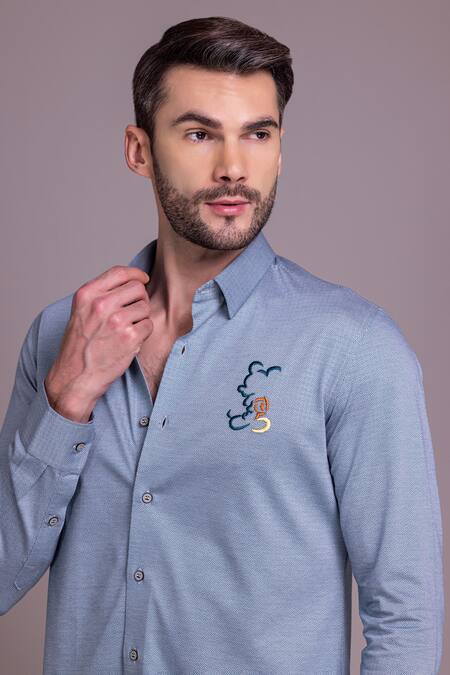 Amit Arora Blue Cotton Embroidery Mickey Mouse Threadwork Shirt at Aza Fashions Amit Arora_Blue Cotton Embroidery Mickey Mouse Threadwork Shirt_at_Aza_Fashions