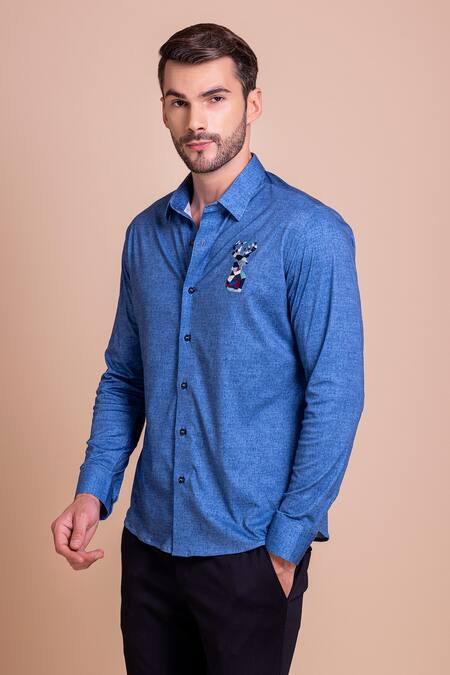Buy Amit Arora Blue Cotton Embroidery Reindeer Threadwork Shirt Online at Aza Fashions Buy_Amit Arora_Blue Cotton Embroidery Reindeer Threadwork Shirt_Online_at_Aza_Fashions