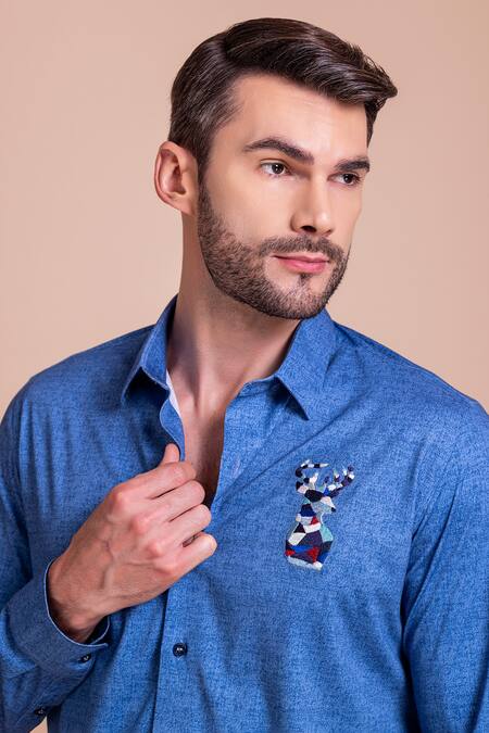 Shop Amit Arora Blue Cotton Embroidery Reindeer Threadwork Shirt Online at Aza Fashions Shop_Amit Arora_Blue Cotton Embroidery Reindeer Threadwork Shirt_Online_at_Aza_Fashions