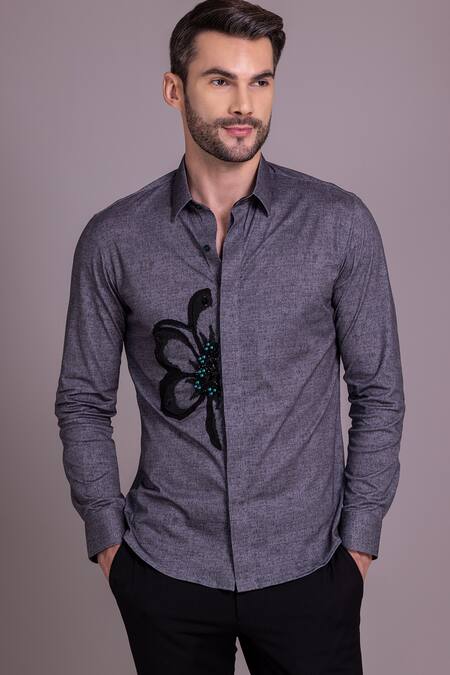 Amit Arora_Grey Cotton Embroidery Bead Embellished Floral Shirt_Online_at_Aza_Fashions