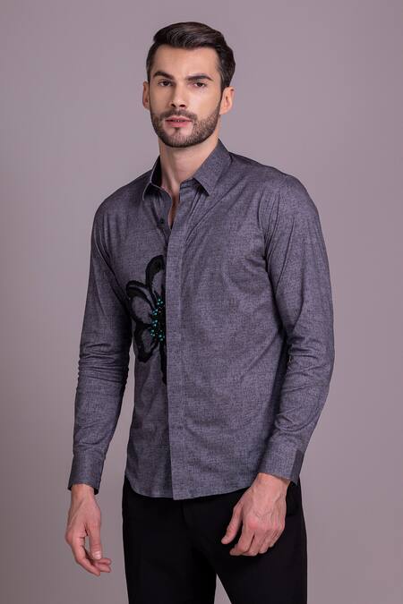 Buy_Amit Arora_Grey Cotton Embroidery Bead Embellished Floral Shirt_Online_at_Aza_Fashions