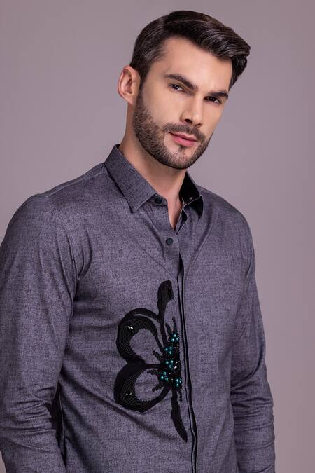 Shop_Amit Arora_Grey Cotton Embroidery Bead Embellished Floral Shirt_Online_at_Aza_Fashions